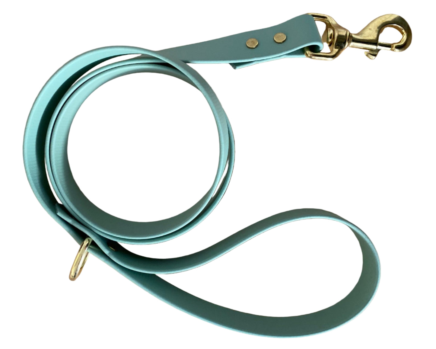 Sage green dog leash with gold clasp on a white background